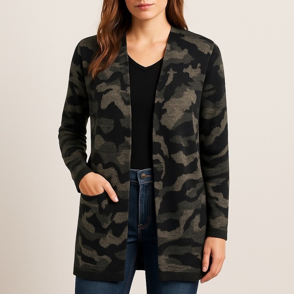 Apt. 9 Longline Cardigan Sweater Jacket Medium Gray Black Camo Print Normcore - Picture 1 of 16